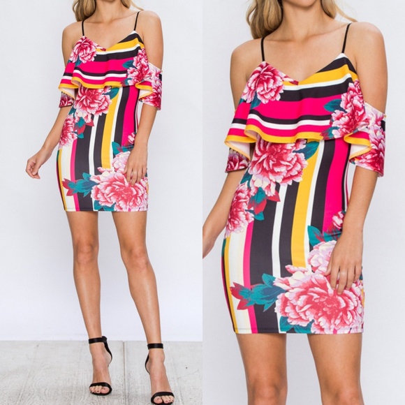 STRIPED FLORAL OFF THE SHOULDER MINI DRESS - Picture 3 of 8